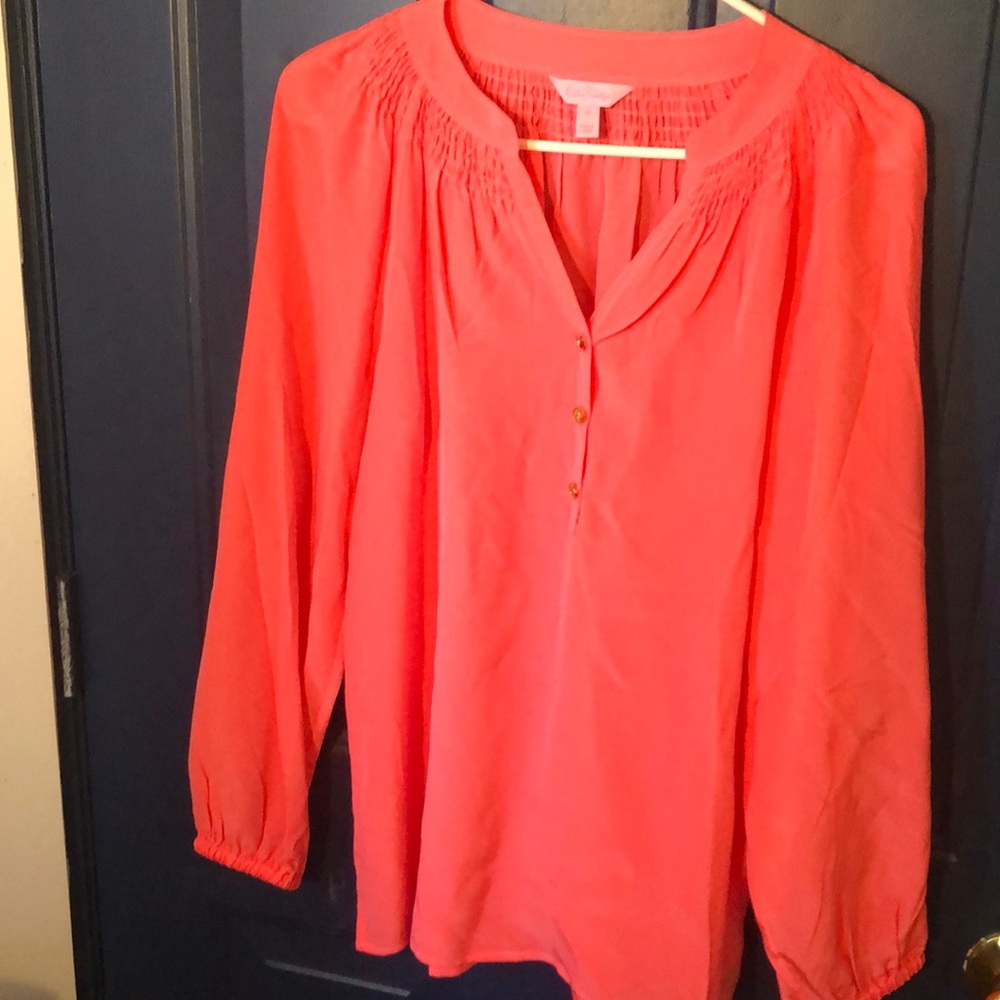 Lilly Pulitzer Coral Pink Long Sleeve Smocked Yoke Blouse - Picture 3 of 5